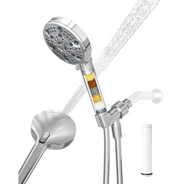 Regadera Manual Filtrada Alta Presión para Agua Dura, con 7 Rociados, Chorro Potente y Pausa, Desmontable y Ajustable, Piel y Cabello Sanos - Cromo (V