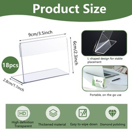 BELEFU 18 Pieces 3.5" x 2.3" Slant Back Small Acrylic Sign Holder, Clear Name Card Paper Display Stand Horizontal, L Shaped Price Tag Label Acrylic Sign Stand Frame for Photo Office Retail Store