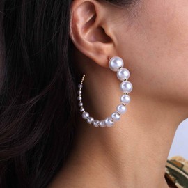 Cimenexe Bohemian Pearl Circle Dangle Earrings Gold C Shape Hoop Earrings Round Pearl Bead Stud Earrings Minimalist Pearl Circle Earrings Jewelry for Women Gifts