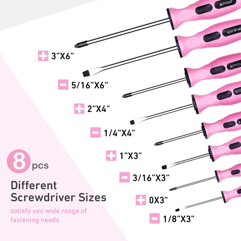FASTPRO 8-Piece Pink Magnetic Screwdrivers Set with 4 Phillips and
