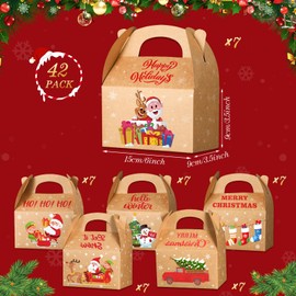 Kolldenn 42 Pcs Christmas Goody Gift Box Christmas Cookie Treat Box with Handle 3D Xmas Gift Wrap Box for Christmas Holiday Party Supplies Favors, 6 Designs(Kraft Style,Brown)