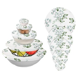 Green Leaves and Eucalyptus Bowl Covers Reusable in 5 Size Stretch Cloth Fabric Bowl Covers Elastic Food Storage Covers Cotton Bread Bowl Covers Reusable Lids for Food Fruits Leftover