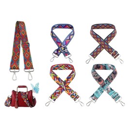 Hitopin Pack of 5 Etnische Art Bag Shoulder Strap, Women's Bag Strap, Wide Shoulder Strap, Bag Strap, Boho Shoulder Strap, Wide Boho Bag Strap, for Bags, Handbags (Silver Carabiner)
