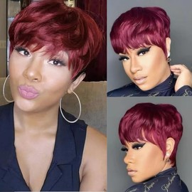 HOTKIS Pixie Cut Wig Human Hair Short Human Hair Pixie Wigs for Black Women Burgundy Ombre 1B/99J Glueless Non-Lace Wig Pre-Styled Short Red Bob Wig for African Americans