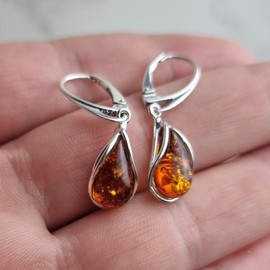 SilverAmber Jewellery UK - Genuine Cognac Baltic Amber set in 925 Sterling Silver Drop/Dangling Teardrop Modern Earrings - G029C