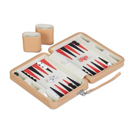 Relaxdays Backgammon Travel Game with Bag and Accessories H 5.5 x W 24 x D 18 cm Leather Look Board Game Light Brown