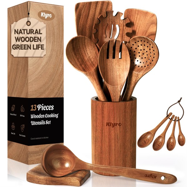 KLYRO Wooden Spoons for Cooking, Nonstick Kitchen Utensils Set with