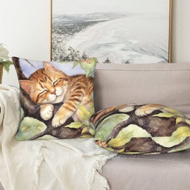 Famame Decorative Pillow Covers Set of 2 Cat on Watercolor Tree Throw Pillows Cover 18x18 inch Square Pillowcase Couch Cushion Cases for Sofa Living Room Bedroom Home Decor