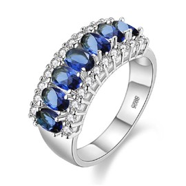 Uloveido Platinum Plated Oval-Shaped CZ 7 Stones Wedding Band, Dark Blue Crystal Rings for Women Girls J501 (Platinum, Dark Blue, Size 6)