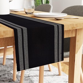Encasa Dining Set (6 Placemats + 1 Table Runner) | Ladder Black | Ribbed Cotton | Over 20 Modern Colors & Woven Designs, Machine Washable