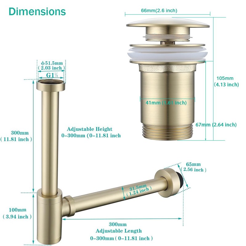 SEABEFORE Brass Round Bottle P-Trap with Pop Up Drain Stopper