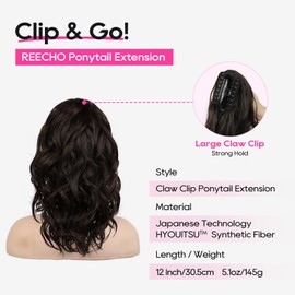 REECHO Ponytail Extension, 12" Claw Clip Ponytail Extension Short Ponytails Hair Extensions Jaw Clip on Pony Tails Natural Synthetic Hairpiece for Women Daily, Black Brown