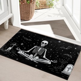 SOAYOH Skeleton Meditation Indoor Door Mat, Skull Bat and Starry Night Front Doormats, Gothic Entryway Area Rug 17x29.5 Inch Soft Non Woven Floor Mats for Porch Kitchen Bathroom Decor Gifts
