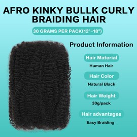 Humistwbiu Afro Kinkys Bulk Human Hair for Dreadlocks Extensions 30g/Pack Repair Locs/Twists/Braids 4C Afro Kinky Curly Human Hair 14 Inch 1B