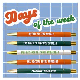 Jxueych 5 Pcs Funny Pens with Paper, Assorted Colors Retractable Ballpoint Pen, Black Ink 1.0 Mm Medium Point Quick Drying for Writing Drawing Journaling Note Taking (Days of the Week)