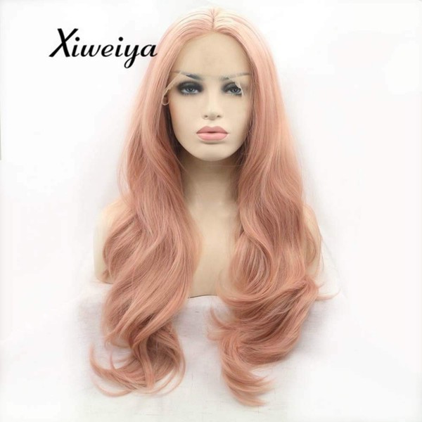 Xiweiya 13x4 Pink Long Wavy Lace Front Wigs Rose Gold Mixed Color Glueless Half Hand Tied Synthetic Lace Wig Heat Resistant Hair Replacement Wigs for Women 22 Inches