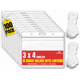 1InTheOffice ID Badge Holder 3x4, Plastic ID Card Holder, Clear Badge Holder, Lanyard Included, Transparent, 100 Pack