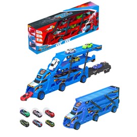 Transporter Car Track Set with 12 Toy Vehicle, Truck Track Toy with 12 Diecast Metal Cars in 1:64 Scale with Launcher- Carrier Truck for 3+ Years Old Boys - 4 Expandable Levels - Preschool Kids