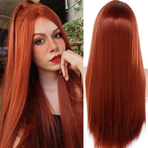 Atayou Long Copper Red Lace Front Wig, Straight Dark Red Wig, Heat Resistant Plastic Hair Ginger Long Ginger Red Wig for Women, 12 x 3 Inches Lace (Copper Red)