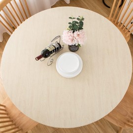 Round Vinyl Fitted Tablecloth with Flannel Backing Elastic Table Cloth Waterproof Oil-Proof Plastic Table Cover (Cream Wooden, Large Round Fits Table up 45"-56" Diameter)