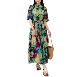 FioraMosaic Women's Cotton Dress Bohemian Printed Long Skirt with Pockets & Adjustable Waistband (US, Alpha, One Size, Regular, Regular, Blue Short Sleeved)