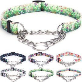 Bbmmayy Martingale Collar, Training Dog Collar, Stainless Steel Chain Pet Collar for No Pull Dog Walking Flowers Design Large Medium Small Dogs (S, Grass)