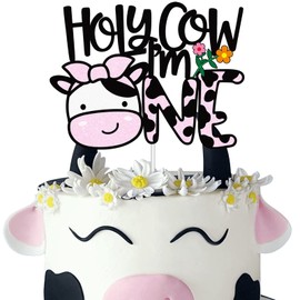 Decoración para tartas de Holy Cow I'm One - Decoración para primer cumpleaños con purpurina rosa - Animales de granja, tema de vaca, baby shower, niños y niñas, suministros para fiesta de primer cumpleaños