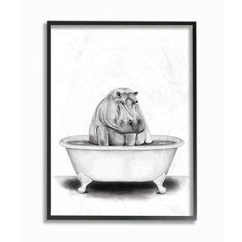Stupell Industries Hippo In A Tub Funny Animal Bathroom Drawing, Design by Rachel Neiman Wall Art, 11 x 14, Black Framed