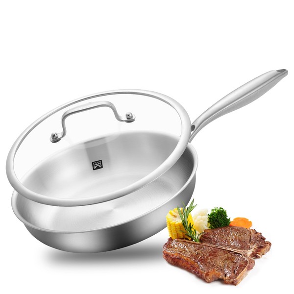 GOLDEN KEY Tri-Ply Stainless Steel Frying Pan with Lid,12 inch