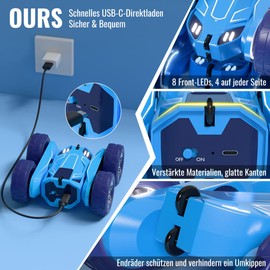 MaxTronic Direct Charge Remote Controlled Car with LED Light, Blue RC Stunt Car, 360° Flips, 4WD 15 km/h, Offroad 2.4G Monster Truck Toy Girls Boys for Children from 3 Years