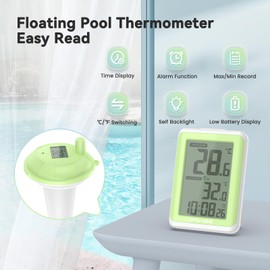 Floating Pool Thermometer Easy Read, Large Size Digital Pool Thermometer, IPX7 Waterproof Pool Thermometer with Indoor Temperature Monitor & String for Outdoor Swimming Pools Spas Hot Tubs Ponds