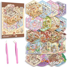 20 Sets DIY 3D House Stickers Kit Non-Toxic & Safe 3D Miniature Scene Therapy for Kids and Adults, Stress Relief Sticker Scenes with Tweezers Creative Fun & Reusable DIY Sticker Therapy Kit for age 3+