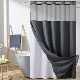 Furlinic No Hook Shower Curtain with Snap in Fabric Liner Set,Checkered Heavy Duty Bathroom Curtain with See Through Window,Waterproof & Machine Washable,Hotel Style,Light Grey,71x75 Inch