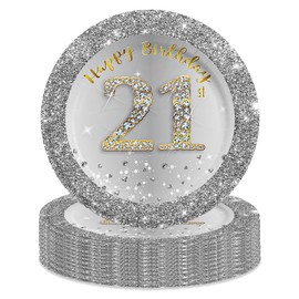 MORAINJAY 21st Birthday Paper Plates, Pack of 16 Silver with Gold Paper Plates for Girls Boys 21st Birthday Party, 7 inch/18 cm Paper Plates for 21st Birthday Party Decoration