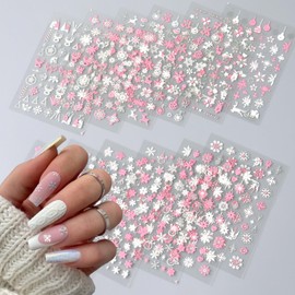 12 Sheets Christmas Nail Stickers 5D Stereoscopic Snowflake Nail Art Stickers Xmas Bell Snowmen Elk Nail Art Design Stickers Winter Pink White Nail Decals for Women Girls Acrylic Nail Supplies Decor