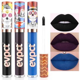 evpct 3Pcs Dark Blue Black Purple Matte Liquid Lipsticks Matte Lip Gloss Stain Makeup Sets Smudge Proof, Skull Face 24 Hour Long Lasting Liquid Matte Lipstick Waterproof labial mate larga duracion 24