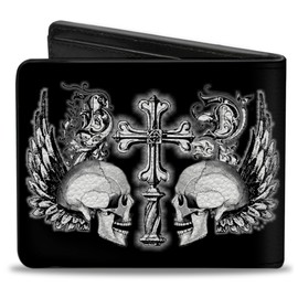 Buckle-Down Men's Bifold Wallet-BD Skulls w/Wings, Multicolor, 4.0" x 3.5"