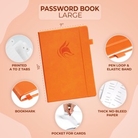 Clever Fox Password Book with Alphabetical Tabs – Hardcover Address Keeper Log – Large Journal for Seniors, Home Office Gifts (Orange)