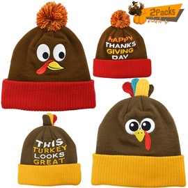 CAMIRUS 2PACK Thanksgiving Pom Pom Beanie Hats, Turkey Beanie Hat Running Hats Turkey Knitted Cap for Adults Thanksgiving Party Orange