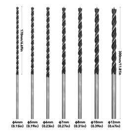 NVGFTG 7-Piece Wood Drill Bit Set Long 300 mm Auger Drill Bit Set 4/5/6/7/8/10/12 mm Long Drill Wood for Wood, Plastic and PVC Carpentry Drilling