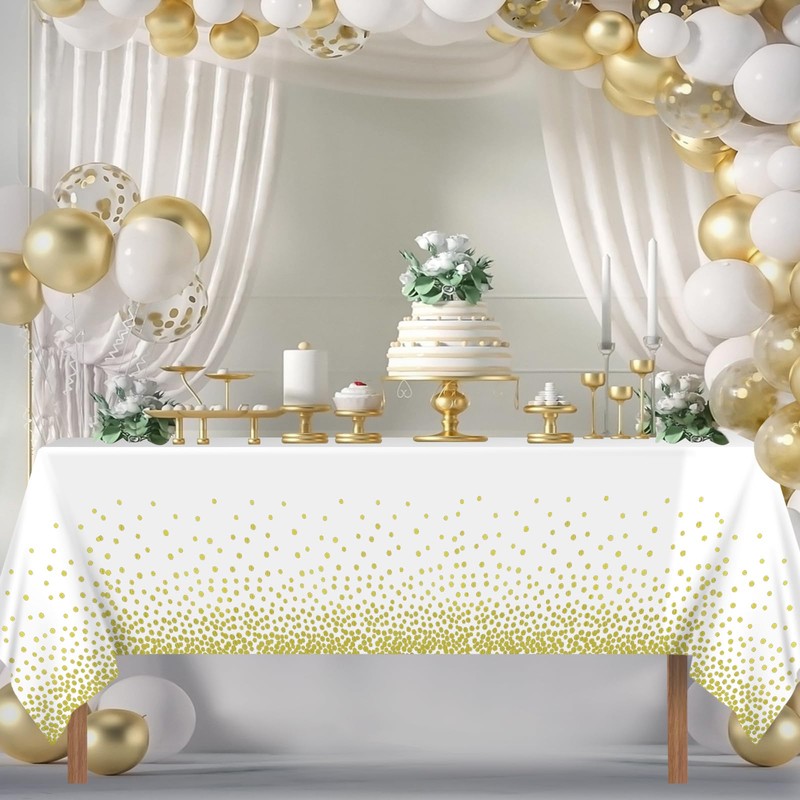 2Pcs White Gold Dot Plastic Disposable Tablecloths, 137 x 274cm