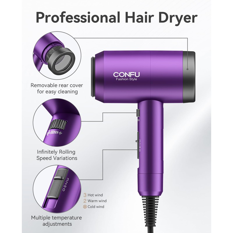 CONFU Hair Dryer with Diffuser,CONFU Ionic Blow Dryer 1600W,Portable Lightweight