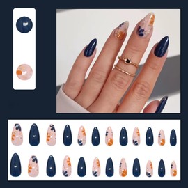 24 Pcs Press on Nails Short Almond - ZIFANHU Spring Fake Nails Press ons Nail Art Tips Glue on Nails Full Cover Dark Blue False Nails with Cute Flower Design Stick on Nails Acrylic Kit for Women