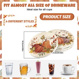 Whaline Fall Thanksgiving Coaster Vintage Autumn Pumpkin Leaves Drink Coaster Absorbent Natural Ceramic Coaster Retro Harvest Cup Mat for Mugs Cups Home Kitchen Office Party Supplies, 4Pcs