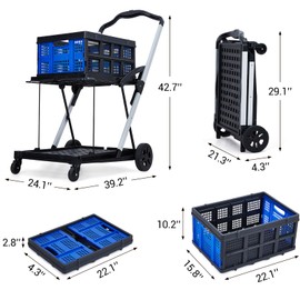 Collapsible Shopping Cart, Foldable Grocery Cart with Wheels and Removable Storage Crate, 2-Tier Portable Utility Cart for Home, Groceries, Supermarket