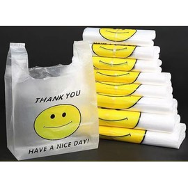 Smile Face Plastic Bags, Pink Grocery, Shopping Bag, Restaurants, Convenience Store,Recyclable T Shirt Bags For Small Business, 12.5" x 2.7" x 21, 50 Count