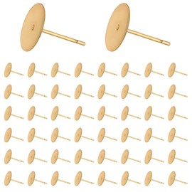 CRAFTYMELODY 150Pcs 24K Gold Plated Earrings Posts Flat Pad Earring Cabochon Settings Stainless Steel Blank Earring Studs Flat Round Ear Studs DIY Jewelry Findings for Earrings Jewelry Making 10x0.3mm, Pin: 0.7mm