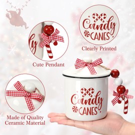 Nefelibata Christmas Candy Cane Ceramic Canister Tiered Tray Decor Xmas Candy Bowl Candy Holder with Buffalo Plaid Bowknot Candy Slice Wood Beads Home Table Centerpiece Decoration Supplies Gift Idea