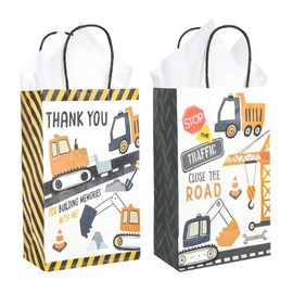 DjinnGlory 36 Pack Construction Themed Party Favor Goodie Bags with Handles (Yellow, Black) and 36 White Tissue Paper for Boys Birthday Parties, 9x5.5x3.15 Inch