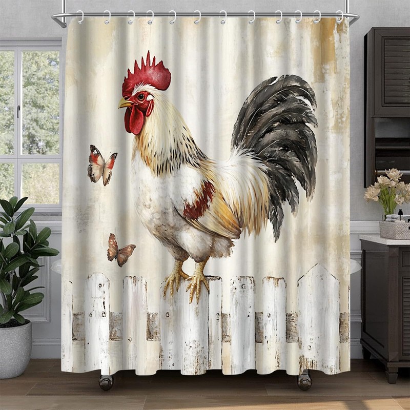 Rasrantyed Rustic Farmhouse Rooster Shower Curtain, Country Style Chicken on